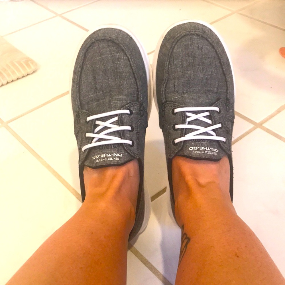 Womens Skechers on-the-go grey denim loafers. Size 8. Only worn a few times.